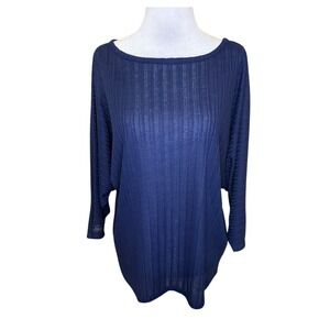 Retrology Womens Celestial Navy Pointelle Rib Button Back Dolman Top‎ Large NWT